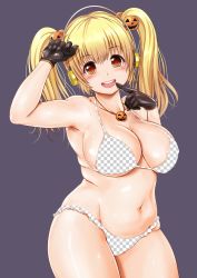 Rule 34 | 1girl, absurdres, areola slip, arm up, belly, bikini, black gloves, blonde hair, breasts, cleavage, commentary request, covered erect nipples, cowboy shot, fake transparency, finger to mouth, food-themed hair ornament, ganari ryuu, gloves, hair bobbles, hair ornament, headphones, highres, jack-o&#039;-lantern, jewelry, large breasts, looking at viewer, meme, necklace, nitroplus, open mouth, orange eyes, plump, pumpkin hair ornament, simple background, solo, super pochaco, swimsuit, twintails