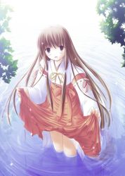 Rule 34 | 00s, 1girl, arima suzuka, blush, brown eyes, brown hair, clothes lift, dress, dress lift, female focus, japanese clothes, long hair, miko, nature, nimura yuuji, non-web source, outdoors, over (company), solo, tsuki kagerou, very long hair, wading, water, wet, wet clothes