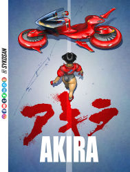 Rule 34 | 1girl, adapted costume, akira (manga), alternate vehicle, ankle boots, artist name, ass, black hair, black leotard, boots, commentary, dark-skinned female, dark skin, dimples of venus, english commentary, from above, from behind, genderswap, genderswap (mtf), gloves, hover bike, impossible clothes, impossible leotard, jacket, kaneda shoutarou&#039;s bike, kaneda shoutarou (akira), kneepits, leotard, motor vehicle, motorcycle, popped collar, red footwear, red gloves, red jacket, road, short hair, sleeves pushed up, solo, sport bike, sykosan, thick thighs, thighs, walking