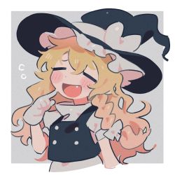 Rule 34 | 1girl, black hat, black vest, blonde hair, blush stickers, bow, braid, closed eyes, commentary, cropped torso, fang, finger to cheek, gloves, grey background, hair bow, hat, hat bow, highres, kirisame marisa, open mouth, shirt, short sleeves, single braid, smile, sobamushi mo, solo, symbol-only commentary, touhou, turtleneck, upper body, vest, white bow, white gloves, white shirt, witch hat