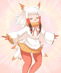 Rule 34 | 1girl, bird tail, blunt bangs, blush, buttons, closed eyes, commentary request, emphasis lines, feathered wings, feet out of frame, flat chest, frilled sleeves, frills, fur collar, gloves, gradient hair, head wings, highres, japanese crested ibis (kemono friends), kemono friends, lets0020, long hair, miniskirt, multicolored hair, neck ribbon, open mouth, orange ribbon, orange skirt, orange wings, pantyhose, pleated skirt, red gloves, red hair, red pantyhose, ribbon, shirt, short bangs, sidelocks, skirt, smile, solo, tail, white shirt, white wings, wings