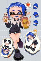 Rule 34 | &gt; &lt;, 1girl, bike shorts, black footwear, black shorts, blue eyes, blue hair, closed eyes, commentary request, commission, drink, drinking straw, earrings, eyebrow cut, eyelashes, grey background, grid background, heart, hidaka0128, highres, holding, holding drink, inkling, inkling girl, inkling player character, jewelry, knees together feet apart, medium hair, multiple views, nintendo, notice lines, one eye closed, open mouth, pointy ears, shoes, short shorts, shorts, simple background, skeb commission, smile, splatoon (series), splatoon 3, spoken heart, squid, teeth, tentacle hair, wavy mouth