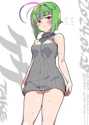 Rule 34 | 1girl, ahoge, alternate costume, antenna hair, asava (hutaitenn), bob cut, character name, dated, dress, feet out of frame, flying sweatdrops, green hair, grey sweater, highres, inverted bob, kantai collection, multicolored hair, panties, pantyshot, purple hair, ribbed sweater, short hair, sleeveless, sleeveless dress, sleeveless sweater, solo, streaked hair, sweater, sweater dress, take (kancolle), twitter username, underwear, white background, white panties