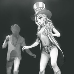 Rule 34 | 1boy, 1girl, :d, a1 (initial-g), american flag, american flag hat, apollo creed, apollo creed (cosplay), areola slip, belt, boots, breasts, coat, coattails, cosplay, feet out of frame, flag print, girls und panzer, greyscale, hat, james brown, kay (girls und panzer), knee boots, looking to the side, medium breasts, medium hair, monochrome, navel, no bra, no shirt, open clothes, open coat, open mouth, print headwear, print shorts, rocky iv, short shorts, short sleeves, shorts, smile, star (symbol), striped, top hat