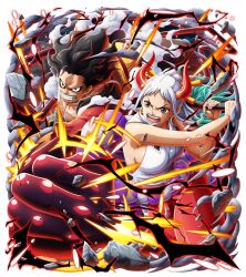 Rule 34 | 1boy, 1girl, black hair, brown eyes, clenched hand, game cg, horns, medium hair, monkey d. luffy, official art, one piece, one piece treasure cruise, oni horns, open mouth, teeth, white hair, yamato (one piece)