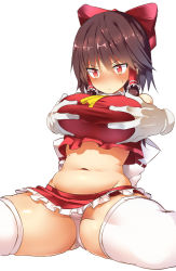 Rule 34 | 1girl, arms behind back, ascot, bare shoulders, belly, benjamin button suukina jinsei, bow, grabbing another&#039;s breast, breasts, brown hair, cookie (touhou), crop top, detached sleeves, frilled skirt, frills, gloves, grabbing, groin, hair bow, hair tubes, hakurei reimu, highres, large breasts, long sleeves, looking down, microskirt, midriff, navel, panties, pantyshot, plump, red bow, red eyes, red ribbon, red skirt, reu (cookie), ribbon, shiny skin, simple background, sitting, skirt, solo focus, spread legs, stomach, sweatdrop, thick thighs, thighhighs, thighs, touhou, tsurime, underwear, white background, white gloves, white panties, white thighhighs, yellow ascot