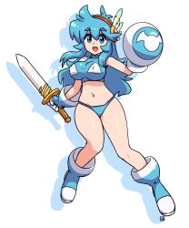 Rule 34 | 1girl, :d, bare shoulders, blue eyes, blue footwear, blue gloves, blue hair, blue shirt, boots, breasts, colored shadow, commission, covered erect nipples, drop shadow, feathers, full body, gloves, hair between eyes, highres, holding, holding sword, holding weapon, large breasts, long hair, muu (mumumer), navel, open mouth, original, shadow, shirt, short eyebrows, simple background, skeb commission, sleeveless, sleeveless shirt, smile, solo, sword, tecna (yumura kino), thick eyebrows, very long hair, weapon, white background, white feathers