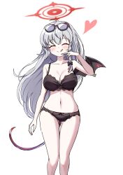 Rule 34 | 1girl, absurdres, black wings, blue archive, breasts, cleavage, closed eyes, demon girl, demon tail, demon wings, eyewear on head, grey hair, halo, haruna (blue archive), heart, highres, large breasts, red halo, simple background, solo, sunglasses, swimsuit, tail, thighs, underwear, underwear only, white background, wings, yukki bunny