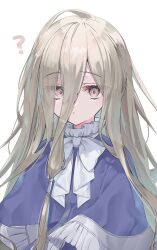 Rule 34 | 1girl, ?, absurdly long hair, ascot, blue capelet, brown eyes, brown hair, capelet, commentary request, expressionless, frills, hair between eyes, highres, long hair, looking at viewer, omotikaeri, sense (sousou no frieren), simple background, solo, sousou no frieren, very long hair, white ascot, white background