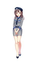 Rule 34 | 1girl, :d, beret, blue hat, blue necktie, breast pocket, breasts, brown eyes, brown hair, formation girls, full body, hat, high heels, highres, hitotose towa, kamura poku, medium breasts, military, military uniform, necktie, official art, open mouth, own hands together, pencil skirt, pocket, skirt, smile, solo, transparent background, uniform