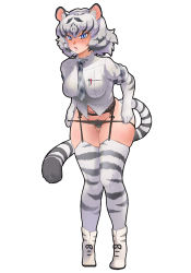Rule 34 | 10s, 1girl, aakira, animal ear fluff, animal ears, black hair, blue eyes, blush, boots, breasts, cat ears, cat tail, elbow gloves, female pubic hair, full body, garter belt, garter straps, gloves, kemono friends, large breasts, leaning forward, legs together, looking at viewer, multicolored hair, necktie, panties, panty pull, plaid, plaid necktie, plaid neckwear, plaid skirt, pubic hair, pubic hair peek, shirt, short hair, skirt, unworn skirt, solo, standing, tail, thick thighs, thighhighs, thighs, tiger ears, tiger tail, underwear, white background, white hair, white tiger (kemono friends), white tiger print