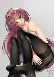 Rule 34 | 1boy, artist name, black pantyhose, closed mouth, commentary, covering privates, covering crotch, cowfee, feet, green eyes, grey background, hanabusa kokoro, highres, i-chu, legs up, long hair, looking at viewer, lying, male focus, on back, pantyhose, purple hair, simple background, smile, soles, solo, thighband pantyhose, topless male, trap