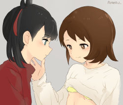 Rule 34 | 2girls, bad id, bad pixiv id, black hair, bra, brown eyes, brown hair, cardigan, clothes lift, creatures (company), game freak, gloria (pokemon), grey cardigan, hand on another&#039;s chin, long sleeves, marnie (pokemon), multiple girls, nintendo, pokemon, pokemon swsh, red sweater, short hair, smile, sweater, twintails, underwear, yano (spirit1022), yuri