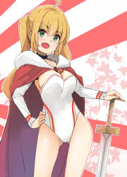 Rule 34 | 1girl, :d, blonde hair, breasts, cleavage, copyright request, detached sleeves, fang, female focus, green eyes, h2o (ddks2923), hand on own hip, large breasts, leotard, long hair, long sleeves, looking at viewer, multicolored background, open mouth, outline, royal robe, shiny skin, smile, solo, standing, twintails, white leotard, white outline