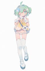 Rule 34 | 1girl, ahoge, aqua eyes, aqua hair, boots, carrot, collared shirt, daizu (melon-lemon), double v, film grain, flower, frilled gloves, frilled panties, frilled thighhighs, frills, full body, gloves, grey background, groin, hair between eyes, hair intakes, hair ornament, hands up, head tilt, highres, leg lift, looking at viewer, lowleg, midriff, muted color, navel, no nose, one eye closed, original, panties, parted lips, rabbit hair ornament, see-through, shirt, short hair, short twintails, sidelocks, simple background, sleeveless, sleeveless shirt, solo, standing, tareme, thigh boots, thighhighs, twintails, underwear, v, white footwear, white gloves, white panties, white thighhighs, wing collar, yellow shirt