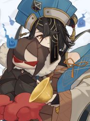 Rule 34 | 1girl, black hair, bob cut, brown eyes, chalice, character doll, chinese clothes, coat, cup, fate/grand order, fate (series), frown, chalice, hair over one eye, hat, highres, hitodama, mole, mole under eye, motamo (motamotri), short hair, solo, xu fu (fate), yu mei-ren (fate)