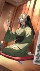Rule 34 | 1girl, absurdres, black hair, blunt bangs, cushion, green eyes, green kimono, grey hair, hand on lap, highres, holding, hololive, hololive dev is, japanese clothes, juufuutei raden, kimono, kouhiipan, long hair, microphone, multicolored hair, open mouth, seiza, sitting, socks, solo, streaked hair, two-tone hair, virtual youtuber, white socks