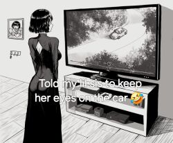 Rule 34 | 1girl, ass, black dress, car, cowboy shot, dress, emoji, english text, expressionless, fubuki (one-punch man), game console, gamecube, ghost car (meme), greyscale, hashtag-only commentary, highres, long sleeves, media player interface, meme, monochrome, motor vehicle, nnsee d, one-punch man, photo (object), playstation 2, playstation 5, road, snapchat, solo, standing, television, xbox 360