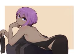 Rule 34 | 1girl, ass, bare arms, bare shoulders, bent over, black bodysuit, blush, bodysuit, breasts, brown background, closed mouth, dark-skinned female, dark skin, fate/prototype, fate/prototype: fragments of blue and silver, fate (series), hair between eyes, hassan of serenity (fate), highres, i.u.y, looking at viewer, looking to the side, medium breasts, purple eyes, purple hair, sideboob, solo, two-tone background, white background