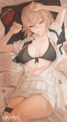 Rule 34 | 1girl, :&gt;, absurdres, artist name, black bra, blonde hair, blue eyes, bra, breasts, commentary, english commentary, front-tie bra, garrison cap, girls&#039; frontline, hat, highres, kirukatsu, looking at viewer, lying, mp41 (girls&#039; frontline), necktie, open clothes, open shirt, paper, partially unbuttoned, pillow, pleated skirt, skirt, solo, thigh strap, unbuttoned, unbuttoned shirt, underwear, undone necktie, unworn headwear, white skirt