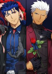 Rule 34 | 2boys, akujiki59, archer (fate), belt, blue hair, bouquet, box, coat, collared shirt, cu chulainn (fate), cu chulainn (fate/stay night), ear piercing, earrings, fate/stay night, fate (series), flower, formal, gloves, grey eyes, jewelry, looking at viewer, male focus, manly, multiple boys, one eye closed, open clothes, open coat, piercing, ponytail, red eyes, ring, rose, shirt, slit pupils, smile, spiked hair, stud earrings, suit, sweater, tan, turtleneck, turtleneck sweater, upper body, white hair