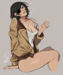 Rule 34 | 1girl, absurdres, black hair, breasts, brown jacket, chainsaw man, cigarette, cleavage, drunk, eyepatch, grey background, head tilt, highres, himeno (chainsaw man), holding, holding cigarette, jacket, large breasts, looking at viewer, porqueloin, short hair, simple background, smile, smoke, solo, sparkle, squeans, strap lift, tank top, thighs, unzipped, white tank top