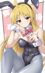 Rule 34 | 1girl, absurdres, ahoge, alternate costume, animal ears, black leotard, blonde hair, bocchi the rock!, bow, bowtie, breasts, cleavage, commentary request, covered navel, detached collar, fake animal ears, grey pantyhose, highres, holding carton, ijichi seika, kirisaki reina, leotard, long hair, looking at viewer, medium breasts, pantyhose, playboy bunny, rabbit ears, red bow, red bowtie, red eyes, sitting, solo