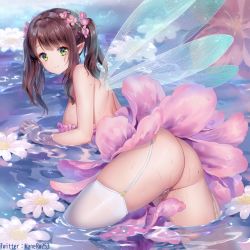 Rule 34 | 1girl, ass, blush, breasts, brown hair, dress, fairy, fairy wings, flower, flower on liquid, garter belt, green eyes, hair between eyes, hair flower, hair ornament, haneru, highres, looking at viewer, medium breasts, medium hair, mole, mole on arm, original, panties, partially submerged, pink dress, pointy ears, smile, solo, thighhighs, twitter username, two side up, underwear, water, wet, white panties, white thighhighs, wings