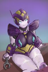 Rule 34 | 1girl, blue eyes, breasts, helmet, highres, holding, holding wrench, humanoid robot, large breasts, nautica (transformers), panties, purple panties, robot, robot girl, solo, spikyart, thick thighs, thighs, transformers, underwear, wrench