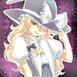 Rule 34 | 1girl, alternate costume, blonde hair, bow, braid, curiosities of lotus asia, female focus, frills, hair bow, hand on headwear, hat, hat bow, kirisame marisa, long hair, lowres, nugaa, side braid, single braid, smile, solo, touhou, witch, witch hat, yellow eyes