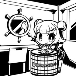 Rule 34 | 1girl, barrel, cevio, chair, chibi, closed mouth, commentary request, double bun, flipped hair, full body, greyscale, hair bun, hair ornament, hairclip, hood, hood down, hoodie, hotel room, indoors, koharu rikka, leaning forward, leaning on object, long sleeves, looking at viewer, lowres, mirror, monochrome, moyasiwhite, neck ribbon, pleated skirt, ribbon, second-party source, short hair, skirt, smile, socks, solo, standing, synthesizer v, table, v-shaped eyebrows, window
