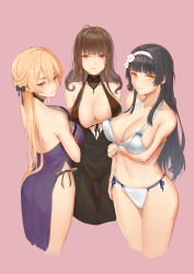 Rule 34 | 3girls, absurdres, ahoge, alternate costume, arm under breasts, ass, asymmetrical docking, bare shoulders, bikini, black hair, black ribbon, blonde hair, blunt bangs, blush, braid, breast press, breasts, brown hair, c.rabbit, cleavage, closed mouth, cropped legs, dress, dsr-50 (girls&#039; frontline), dsr-50 (highest bid) (girls&#039; frontline), evening gown, flower, girls&#039; frontline, hair flower, hair ornament, hair ribbon, hairband, highres, jewelry, large breasts, long hair, looking at viewer, multiple girls, navel, official alternate costume, ots-14 (girls&#039; frontline), ots-14 (sangria succulent) (girls&#039; frontline), pink background, purple dress, red eyes, ribbon, sidelocks, smile, stomach, swimsuit, type 95 (girls&#039; frontline), type 95 (summer cicada) (girls&#039; frontline), very long hair, white bikini, white hairband, yellow eyes