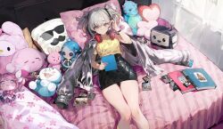 Rule 34 | 1girl, absurdres, ayumeyatto, black bow, black ribbon, black skirt, black wristband, book, borrowed character, bow, character doll, grey eyes, grey hair, grey jacket, hair ribbon, headphones, headphones around neck, heart, heart-shaped pillow, high-waist skirt, highres, holding, holding tablet pc, jacket, jacket on shoulders, on bed, open clothes, open jacket, original, pillow, polaroid, ribbon, shirt, skirt, solo, stuffed dinosaur, tablet pc, yellow shirt