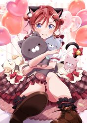 Rule 34 | 1girl, animal ears, artist request, balloon, birthday, blue eyes, cat ears, doll, highres, holding, holding doll, looking at viewer, love live!, love live! superstar!!, medium hair, puffy sleeves, red hair, short sleeves, solo, stuffed animal, stuffed cat, stuffed toy, yoneme mei