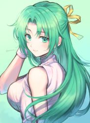 Rule 34 | 1girl, bare arms, blush, breasts, commentary, gradient background, green background, green eyes, green hair, hair ribbon, highres, higurashi no naku koro ni, large breasts, long hair, looking at viewer, looking back, nerune j, ribbed sweater, ribbon, simple background, sleeveless, sleeveless sweater, smile, solo, sonozaki shion, sweater, twitter username, upper body, white sweater, wrist cuffs, yellow ribbon