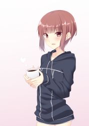 Rule 34 | 1girl, adapted costume, alternate costume, blunt bangs, blush, brown hair, coffee, cup, fuji yoshida, gradient background, heart, highres, hood, hoodie, kantai collection, looking at viewer, open mouth, red eyes, short hair, solo, z3 max schultz (kancolle)