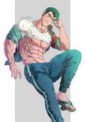 Rule 34 | 1boy, abs, artist name, bara, bare pectorals, black hair, black pants, blouse, blush, closed mouth, clothes lift, creatures (company), evinist, game freak, geta, highres, jacket, large pectorals, looking at viewer, male focus, muscular, muscular male, navel, nintendo, nipples, norman (pokemon), one eye closed, open clothes, open jacket, pants, pectorals, pokemon, pokemon oras, red jacket, shirt, shirt lift, short hair, solo, white shirt