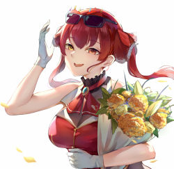 1girl ascot bare_arms bare_shoulders black_choker bouquet breasts brooch choker cleavage donggua_bing_cha eyewear_on_head flower frilled_choker frills gloves gold_trim hair_ribbon heterochromia holding holding_bouquet hololive houshou_marine jacket jewelry large_breasts leotard leotard_under_clothes long_hair looking_at_viewer open_mouth red_ascot red_eyes red_hair red_jacket red_ribbon ribbon see-through_clothes see-through_cleavage see-through_leotard simple_background sleeveless sleeveless_jacket smile solo sunglasses twintails upper_body virtual_youtuber white_background white_gloves yellow_eyes