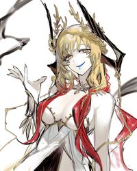 Rule 34 | 1girl, bare shoulders, blonde hair, blue tongue, borrowed character, breasts, colored tongue, dress, gold trim, hand up, highres, horns, jewelry, large breasts, laurels, looking at viewer, necklace, original, remsrar, simple background, smile, solo, white background, white dress