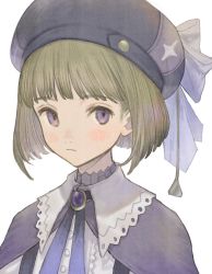 Rule 34 | 1other, androgynous, black hat, blonde hair, blunt bangs, blush, bob cut, brooch, cape, closed mouth, commentary request, fujie-yz, hat, hat ribbon, jewelry, original, portrait, purple cape, purple eyes, ribbon, short hair, solo