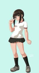 Rule 34 | 1girl, adapted turret, alternate costume, black hair, black socks, black skirt, blush, breasts, cannon, dd (ijigendd), fubuki (kancolle), full body, green eyes, grey footwear, gym shirt, gym uniform, highres, kantai collection, kneehighs, looking at viewer, low ponytail, open mouth, pleated skirt, ponytail, shirt, short ponytail, sidelocks, skirt, small breasts, socks, solo, standing, t-shirt, white shirt