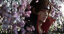 Rule 34 | 1boy, blood, bloody tears, cherry blossoms, flower, jewelry, lily (artist), male focus, naruto, naruto (series), nature, necklace, outdoors, red eyes, solo, uchiha itachi