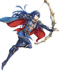Rule 34 | 1girl, aiming, armor, armored boots, arrow (projectile), belt, blue eyes, blue hair, boots, bow (weapon), breastplate, cape, closed mouth, fire emblem, fire emblem awakening, fire emblem heroes, full body, gauntlets, highres, holding, holding bow (weapon), holding weapon, jewelry, leg up, long hair, looking away, lucina (fire emblem), nintendo, non-web source, official art, shoulder armor, shoulder pads, sidelocks, solo, transparent background, weapon, yamada koutarou