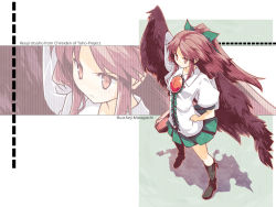 Rule 34 | 1girl, arm cannon, black wings, boots, bow, brown eyes, brown hair, cover, cover page, female focus, from above, hair bow, hand on own hip, highres, long hair, mizoguchi keiji, perspective, reiuji utsuho, serious, shadow, sidelocks, skirt, solo, standing, touhou, wallpaper, weapon, wings, zoom layer