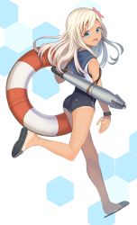 Rule 34 | 10s, 1girl, blonde hair, blue eyes, flower, gi (melmail), hair flower, hair ornament, highres, kantai collection, lifebuoy, long hair, one-piece swimsuit, open mouth, ro-500 (kancolle), school swimsuit, smile, solo, swim ring, swimsuit, tan, tanline, torpedo
