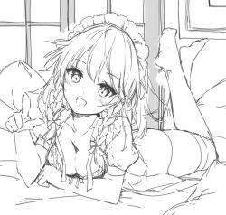 Rule 34 | 1girl, :d, blush, bra, braid, breasts, cleavage, collarbone, commentary request, greyscale, hand up, head tilt, izayoi sakuya, legs up, looking at viewer, lying, maid headdress, medium breasts, mochizuki shiina, monochrome, no shoes, on stomach, open clothes, open mouth, open shirt, pillow, pointing, pointing at viewer, puffy short sleeves, puffy sleeves, short hair, short sleeves, sketch, smile, solo, thighhighs, thighs, touhou, twin braids, underwear, unfinished, window
