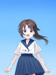 Rule 34 | 1girl, :d, blue background, blue eyes, blue skirt, blush, brown hair, highres, kisaragi hina, long hair, looking at viewer, open mouth, original, pleated skirt, ponytail, shirt, short sleeves, simple background, skirt, smile, solo, white shirt