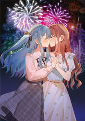 Rule 34 | 2girls, absurdres, aerial fireworks, bang dream!, bang dream! it&#039;s mygo!!!!!, black ribbon, blue hair, brown hair, chinese commentary, closed eyes, commentary request, commission, fireworks, frilled shirt, frills, grey skirt, hair ribbon, highres, holding hands, interlocked fingers, kiss, long hair, long sleeves, multiple girls, nagasaki soyo, night, outdoors, pink shirt, ribbon, second-party source, shirt, shirt tucked in, skirt, togawa sakiko, two side up, white shirt, white skirt, yuri, yuuzi