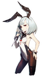 Rule 34 | 1girl, animal ears, bare shoulders, black pantyhose, bow, breasts, chyko, closed mouth, commentary request, covered navel, cowboy shot, dagger, fake animal ears, fine fabric emphasis, hand on own hip, hand up, highleg, highleg leotard, highres, holding, holding dagger, holding knife, holding weapon, knife, leotard, medium hair, original, pantyhose, playboy bunny, rabbit ears, red bow, red eyes, silver hair, simple background, small breasts, solo, standing, weapon, white background, white leotard, wrist cuffs