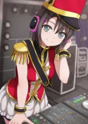 Rule 34 | 1girl, bad id, bad twitter id, band uniform, bang dream!, black hair, blue eyes, blurry, blurry background, dj, epaulettes, hair ornament, hairclip, hand on headphones, hat, headphones, highres, leaning forward, leaning on object, looking at viewer, mixing table, narafume, okusawa misaki, sash, shako cap, short hair, skirt, smile, solo, stage lights, white skirt, wrist cuffs